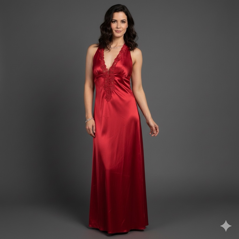 Victoria's Secret Red Maxi Slip Dress with Lace Open Back and Deep V-neck